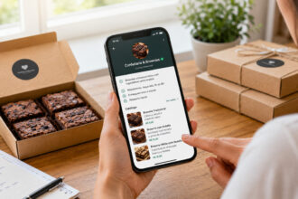 Confeiteira usando WhatsApp Business para vender brownies, com catálogo no celular e caixas de entrega na mesa