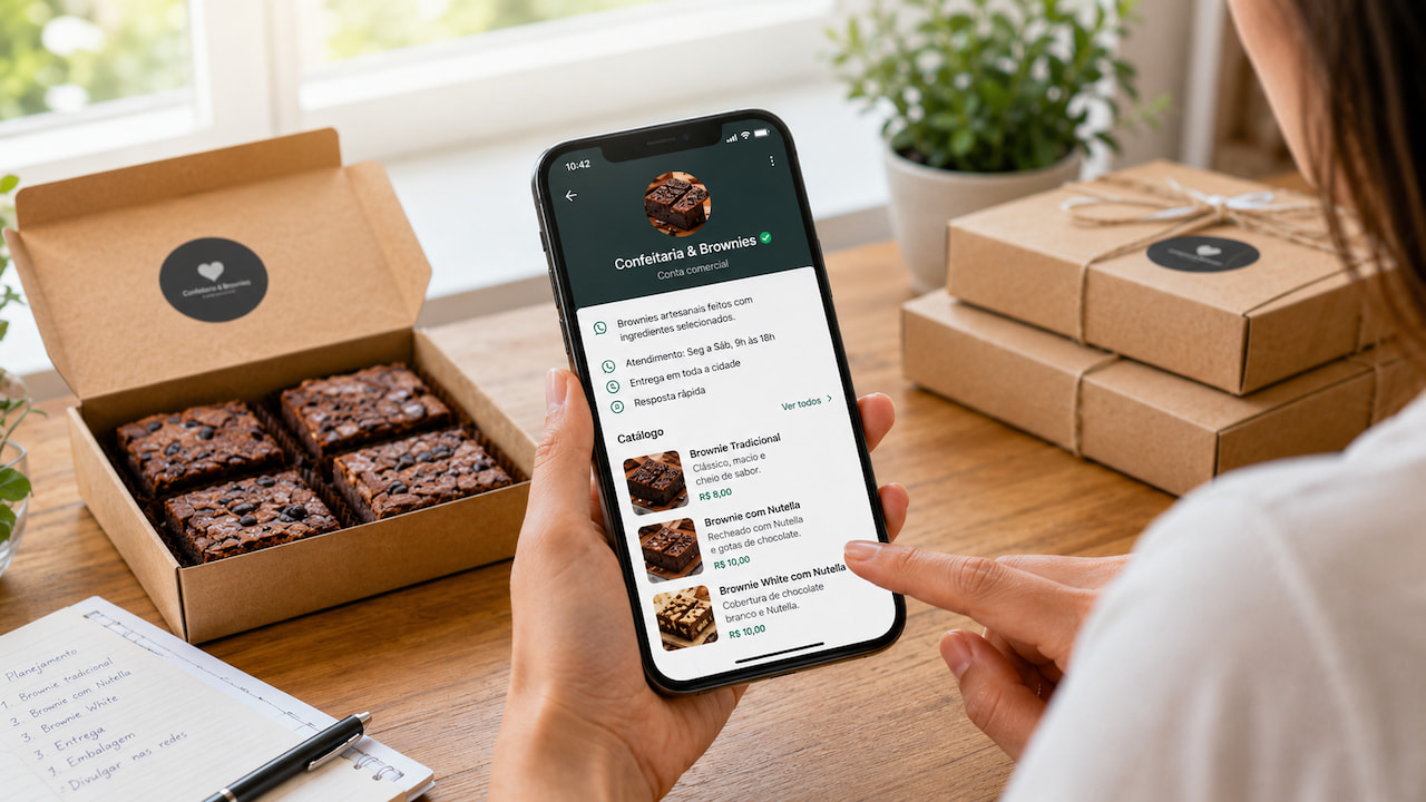 Confeiteira usando WhatsApp Business para vender brownies, com catálogo no celular e caixas de entrega na mesa