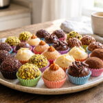 Prato com brigadeiro gourmet de sabores variados para receita, sobre mesa de madeira com luz natural matinal.