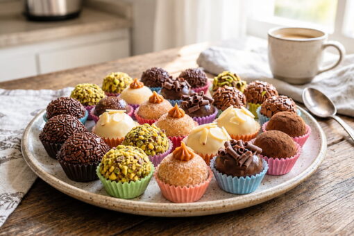 Prato com brigadeiro gourmet de sabores variados para receita, sobre mesa de madeira com luz natural matinal.