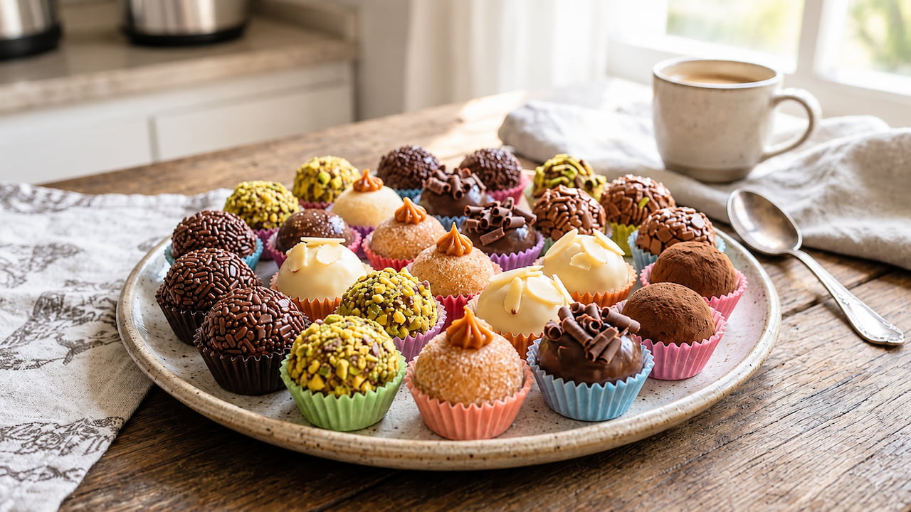 Prato com brigadeiro gourmet de sabores variados para receita, sobre mesa de madeira com luz natural matinal.
