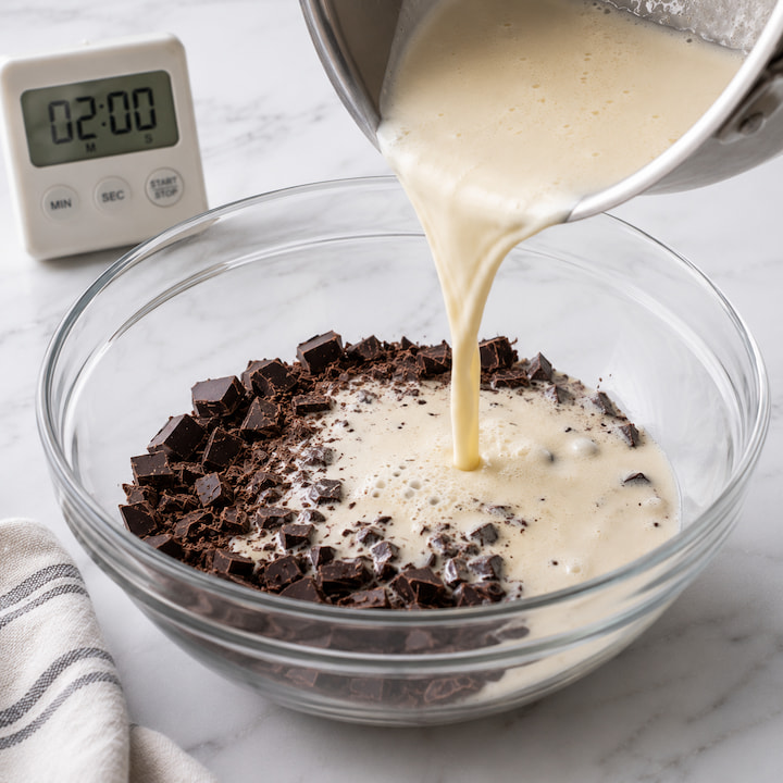 Creme quente sendo despejado sobre chocolate picado na tigela, mostrando o repouso antes de mexer a ganache.
