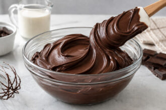 Ganache de chocolate brilhante sendo despejada na tigela, com creme, chocolate e utensílios sobre a bancada.