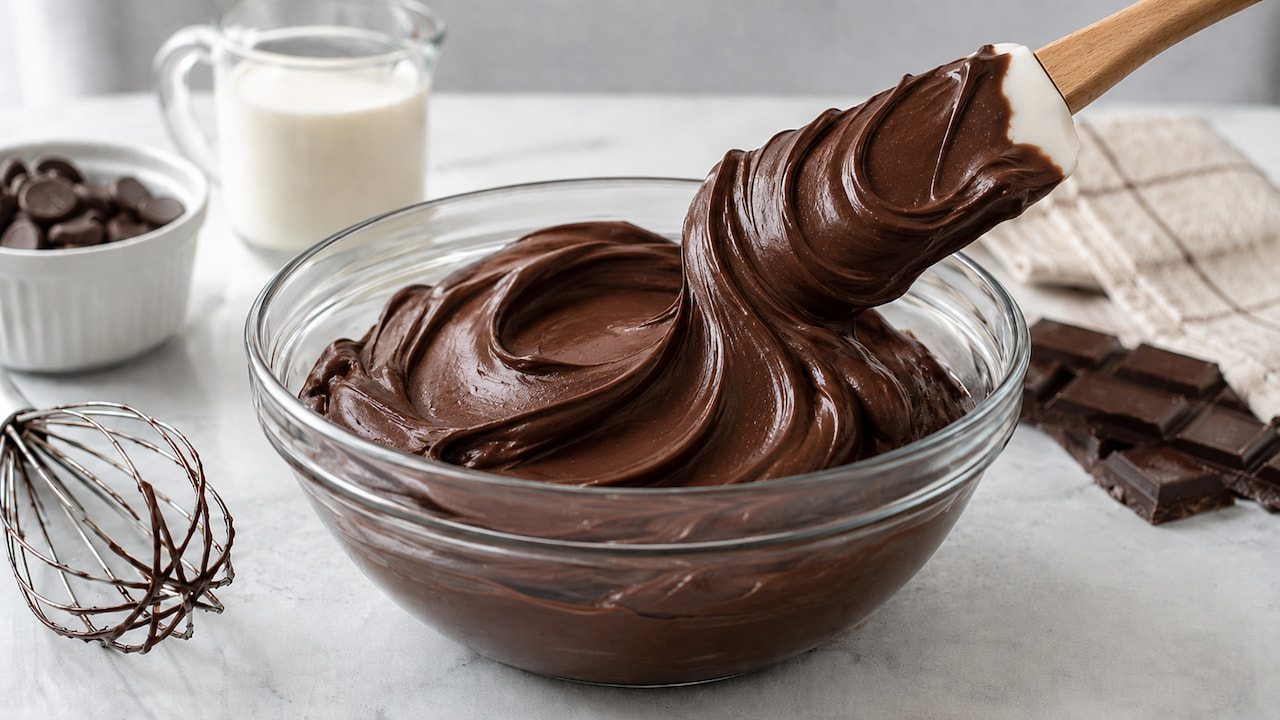 Ganache de chocolate brilhante sendo despejada na tigela, com creme, chocolate e utensílios sobre a bancada.