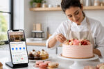 Confeiteira decora bolo ao lado de celular com Google Business Profile em cozinha clara e profissional.