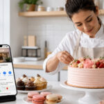 Confeiteira decora bolo ao lado de celular com Google Business Profile em cozinha clara e profissional.