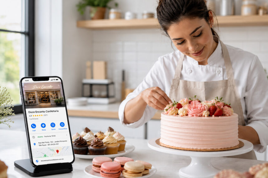 Confeiteira decora bolo ao lado de celular com Google Business Profile em cozinha clara e profissional.