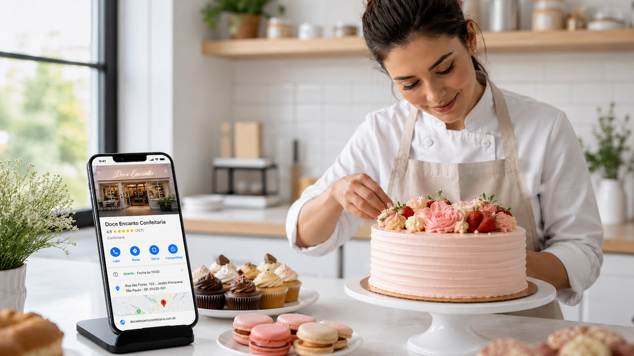 Confeiteira decora bolo ao lado de celular com Google Business Profile em cozinha clara e profissional.