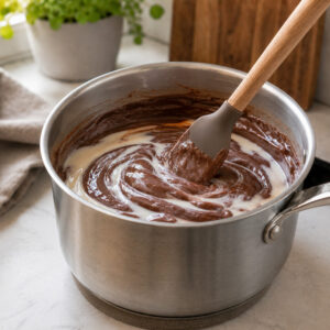 Creme de leite sendo incorporado à massa de brigadeiro em panela, com espátula de silicone sobre bancada clara.