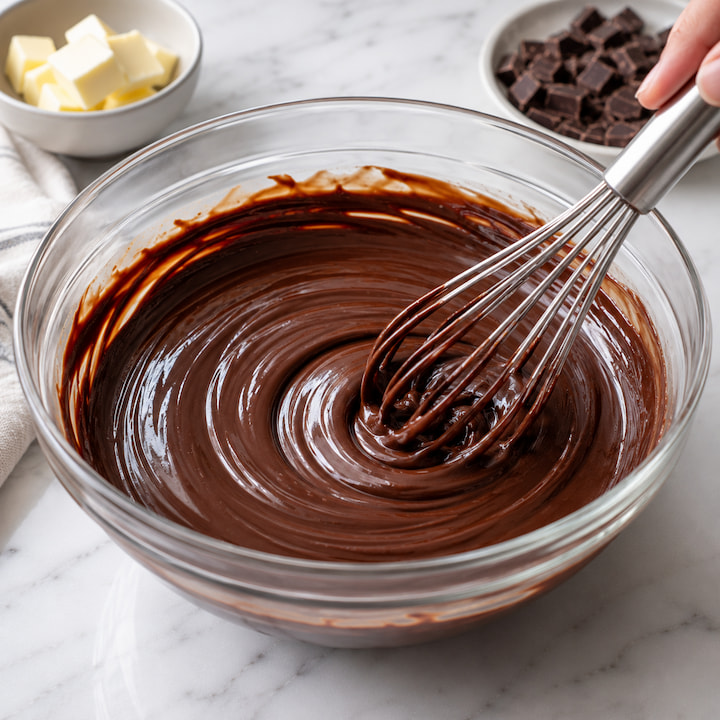Fouet mexendo ganache de chocolate lisa e brilhante do centro para fora, com manteiga ao fundo para brilho extra.