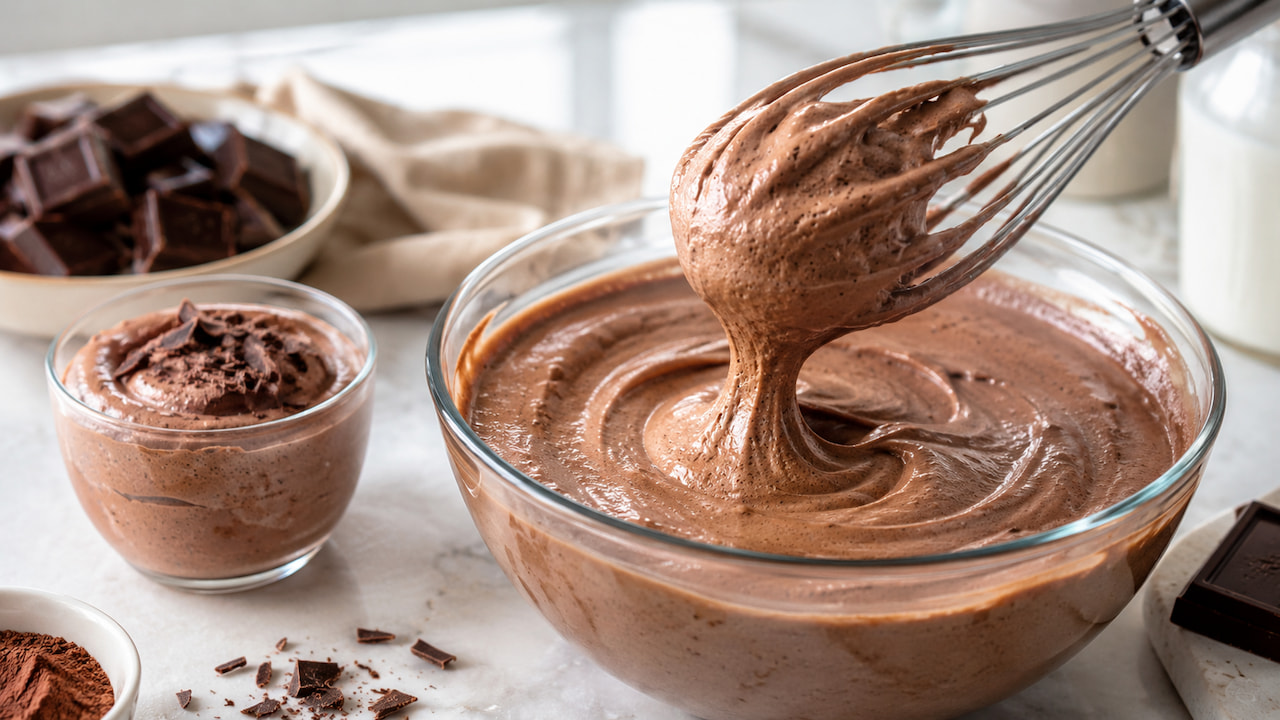 Mousse de chocolate que não pesa sendo misturada no bowl, com textura aerada, chocolate e porção pronta na bancada.