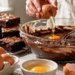 Ovos no brownie é o tema, um ovo aparece sendo quebrado na massa de chocolate, com fouet e pedaços prontos ao lado.