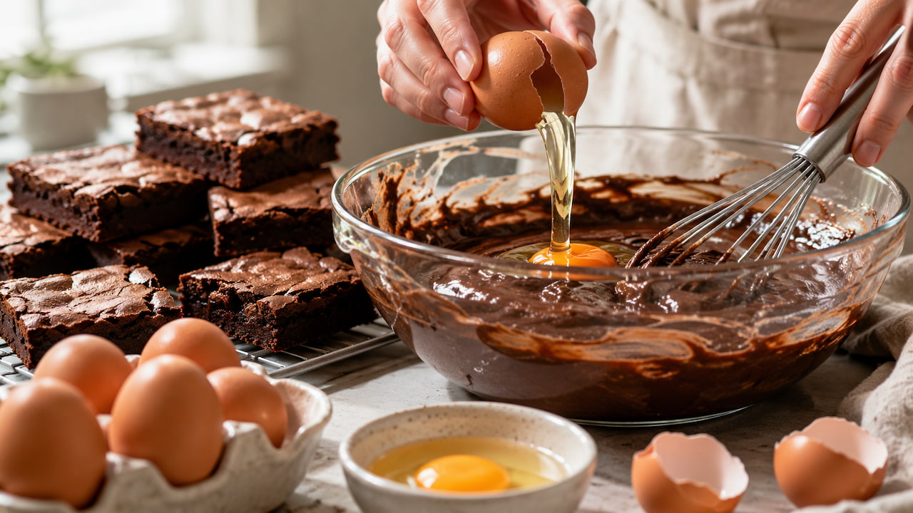 Ovos no brownie é o tema, um ovo aparece sendo quebrado na massa de chocolate, com fouet e pedaços prontos ao lado.