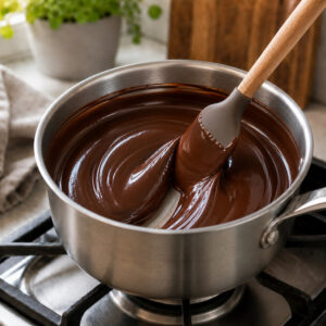 Massa de brigadeiro brilhante no ponto de enrolar, sendo mexida com espátula e desgrudando do fundo da panela.