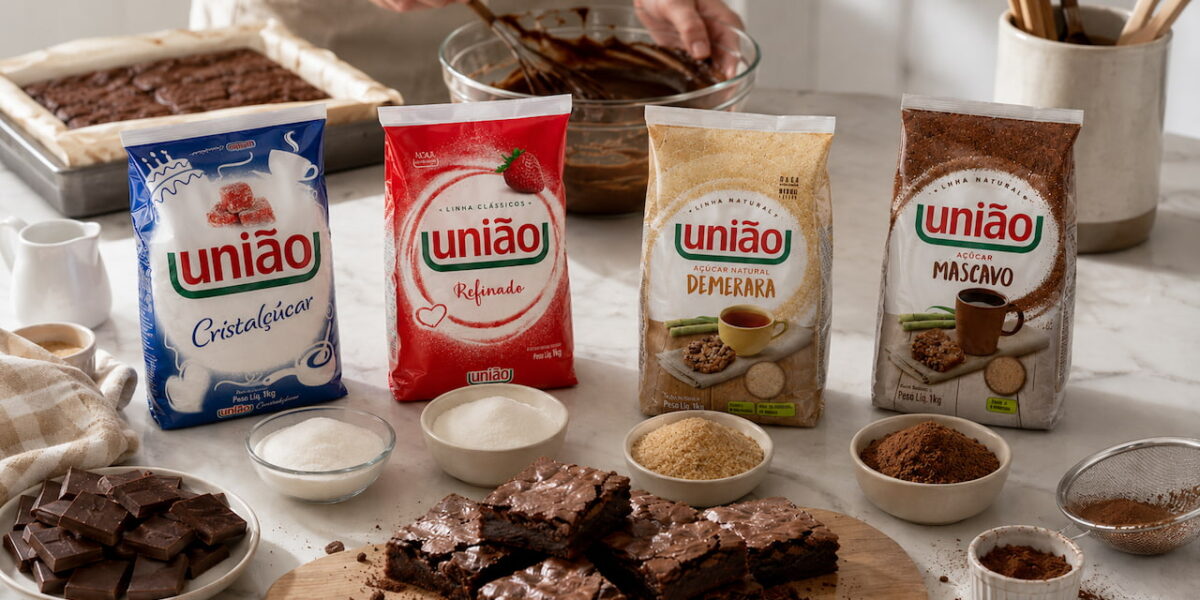 Embalagens de açúcar mostram qual açúcar usar no brownie, com bowls, chocolate e brownies na bancada.