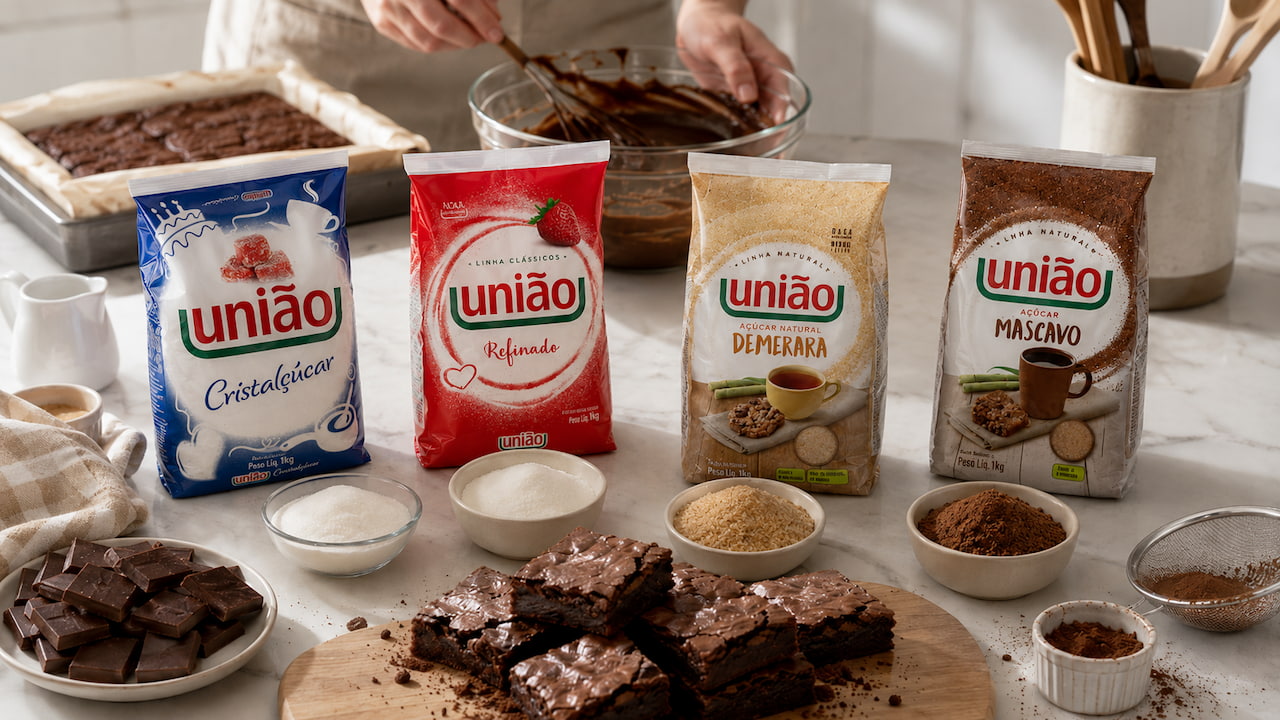 Embalagens de açúcar mostram qual açúcar usar no brownie, com bowls, chocolate e brownies na bancada.