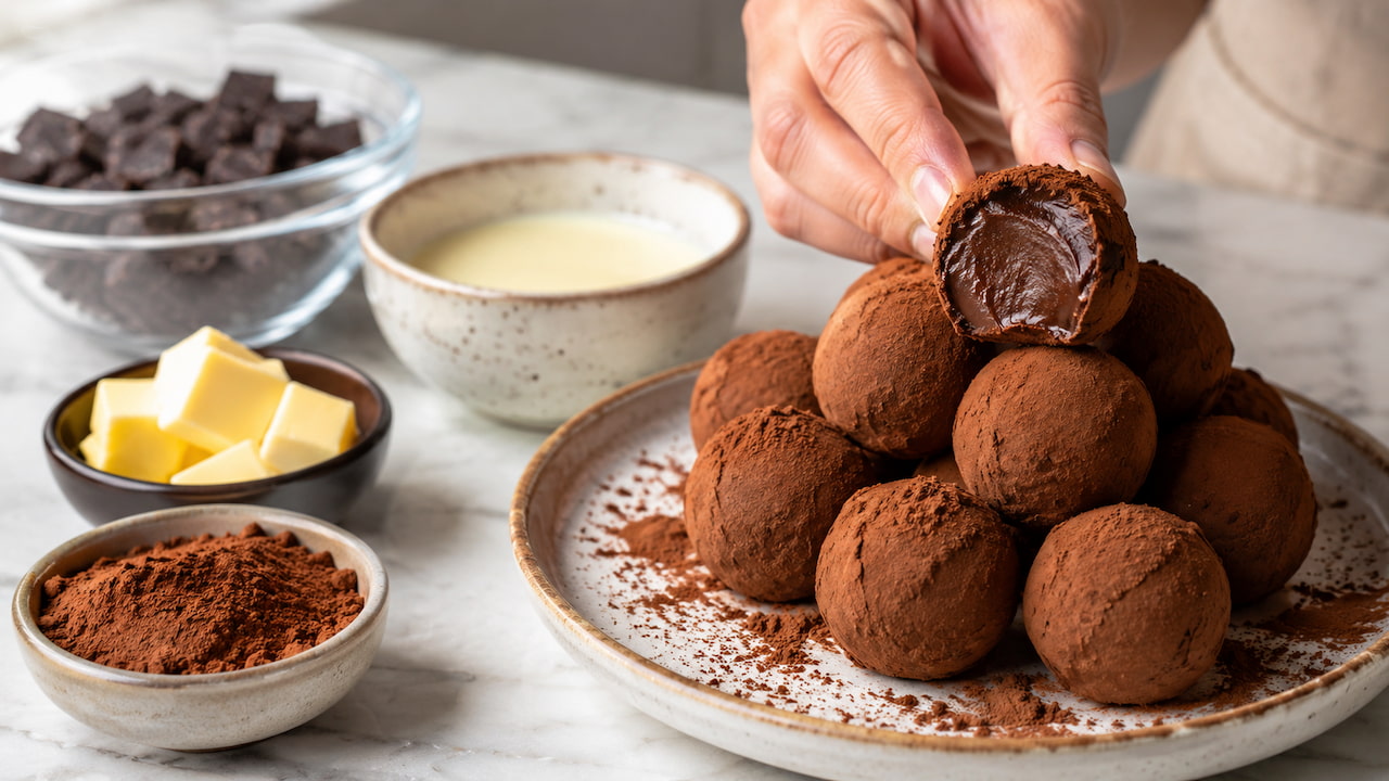 Trufas de chocolate com centro cremoso, cacau em pó e quatro ingredientes da receita profissional na bancada.