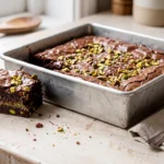 Brownie de pistache assado em forma quadrada, com casquinha fina e pedaço cortado mostrando interior denso e úmido.