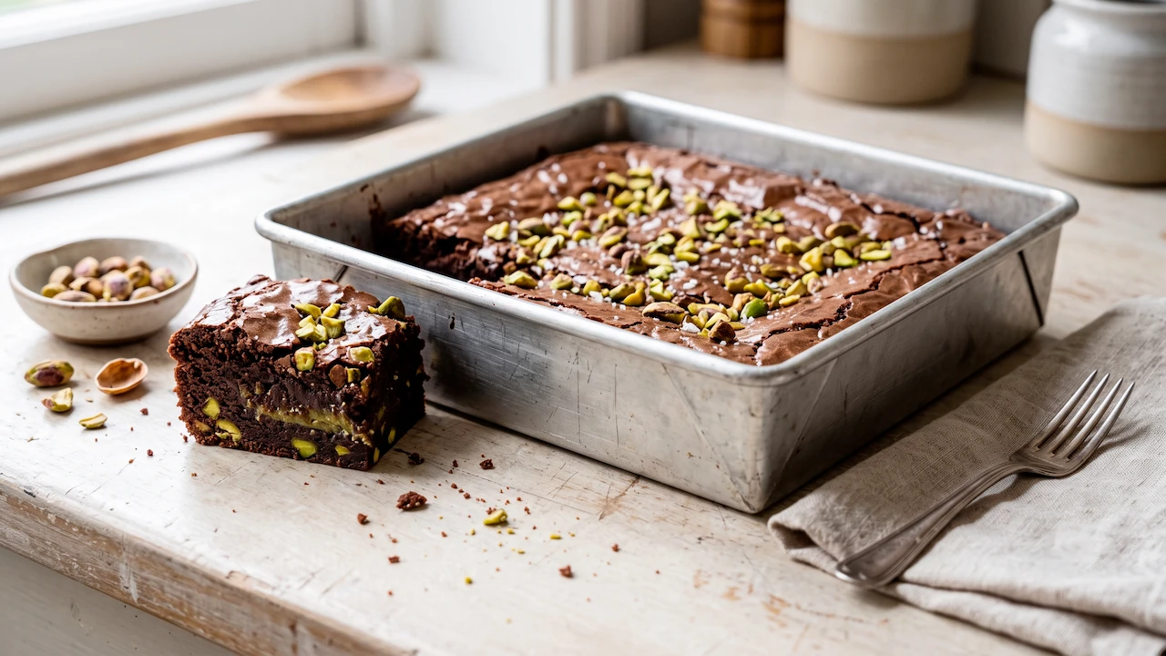 Brownie de pistache assado em forma quadrada, com casquinha fina e pedaço cortado mostrando interior denso e úmido.