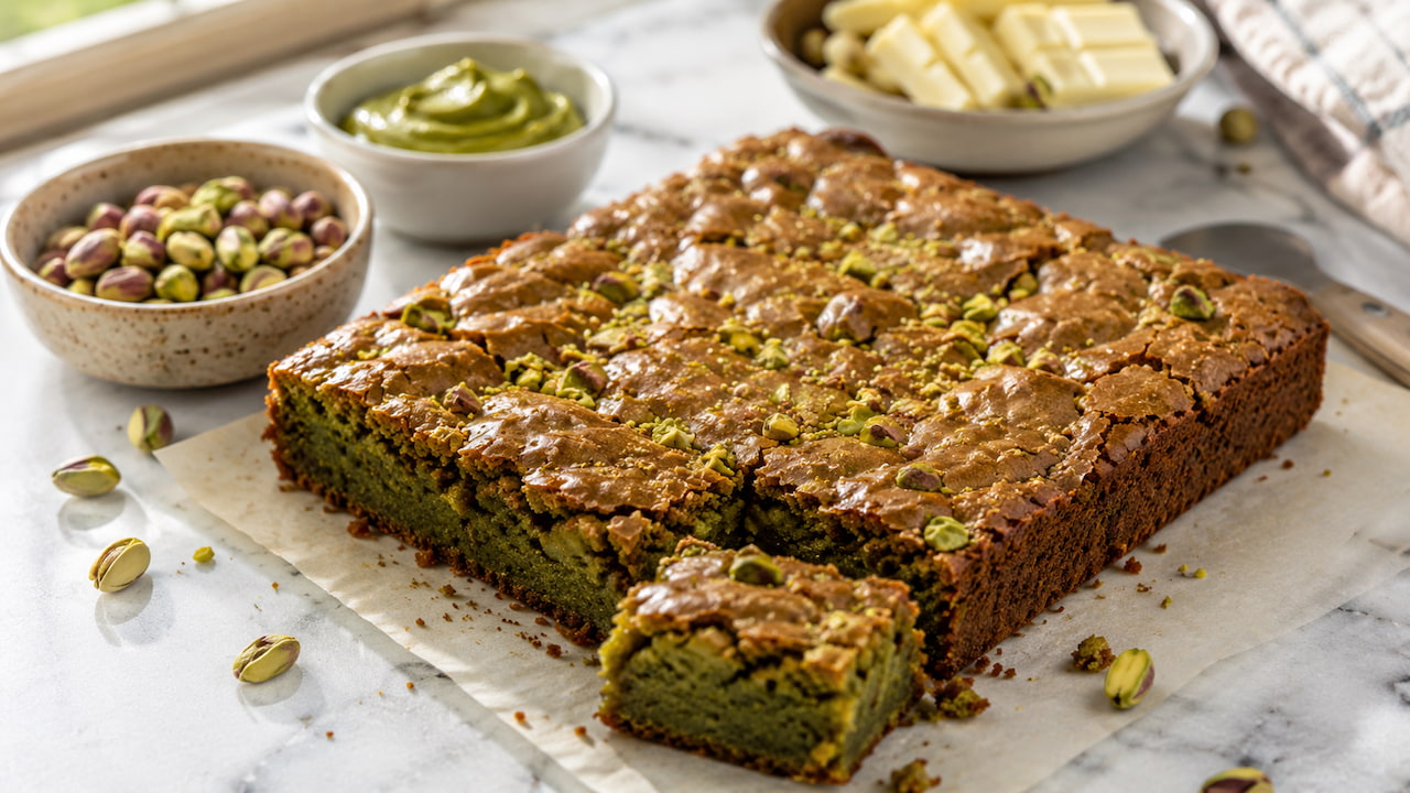 Brownie de pistache com casquinha brilhante e rachada, pistaches picados e fatia cortada sobre bancada clara.