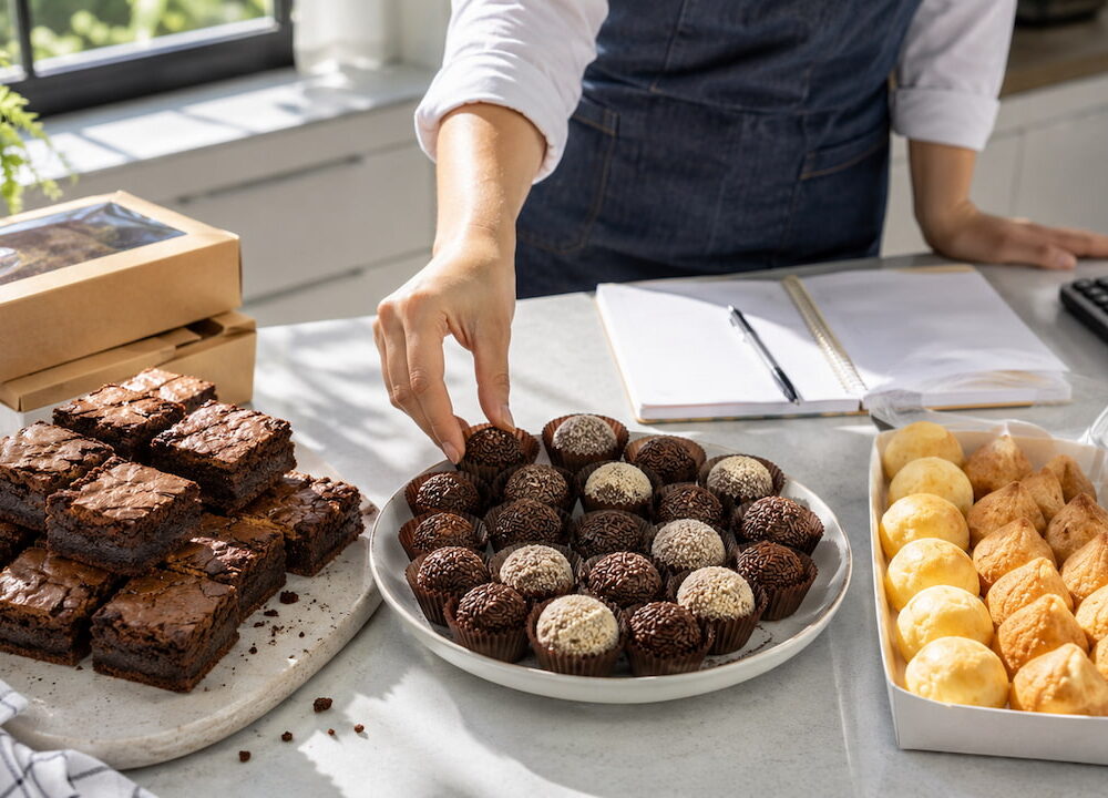 Bancada com brownies, brigadeiros e salgados, mostrando opções de comida para ganhar dinheiro por perfil.