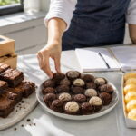 Bancada com brownies, brigadeiros e salgados, mostrando opções de comida para ganhar dinheiro por perfil.