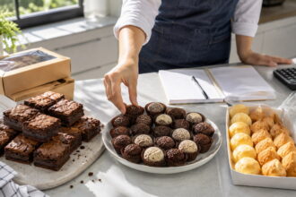 Bancada com brownies, brigadeiros e salgados, mostrando opções de comida para ganhar dinheiro por perfil.