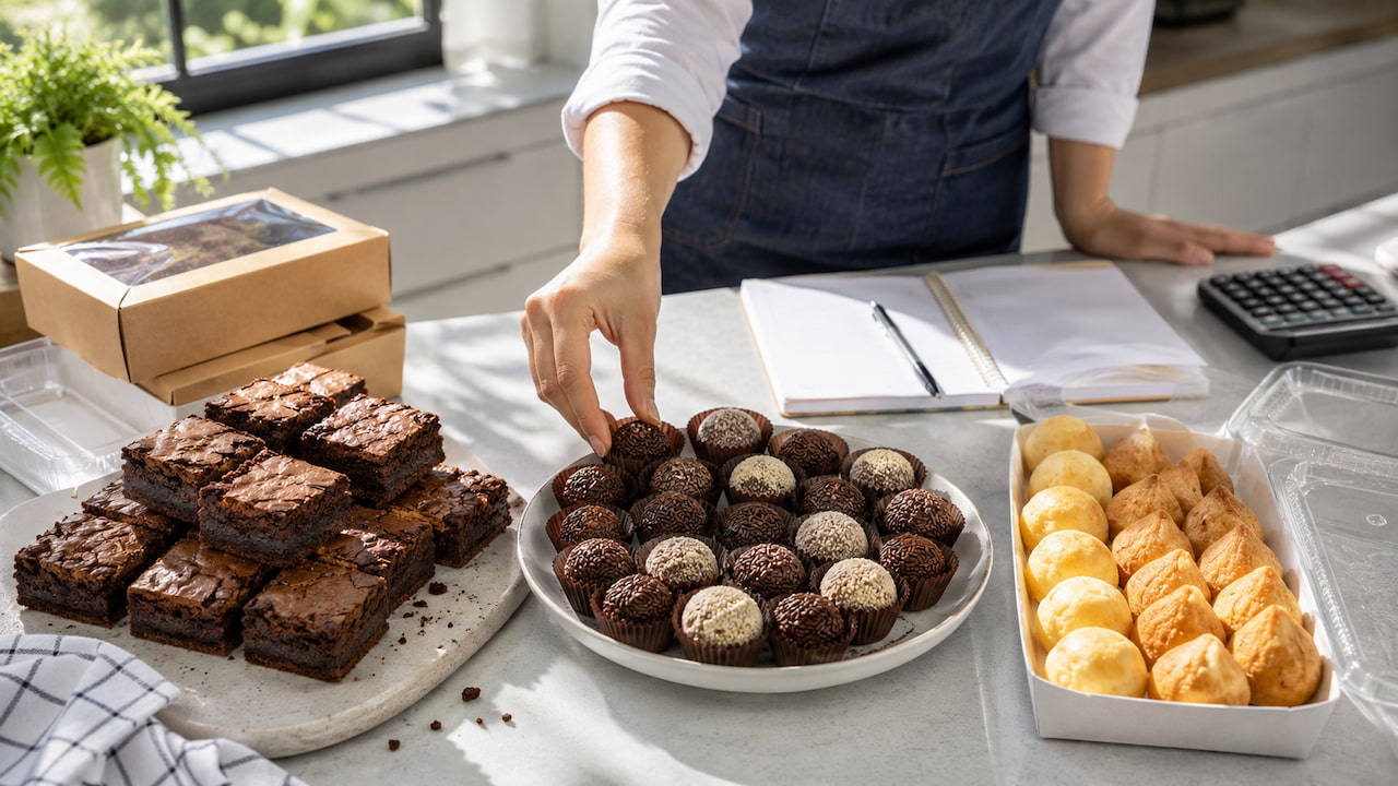 Bancada com brownies, brigadeiros e salgados, mostrando opções de comida para ganhar dinheiro por perfil.