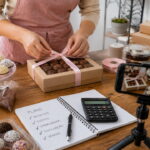 Confeiteira embala brigadeiros com plano para vender brigadeiros, calculadora, celular e notebook na bancada.