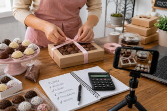 Confeiteira embala brigadeiros com plano para vender brigadeiros, calculadora, celular e notebook na bancada.