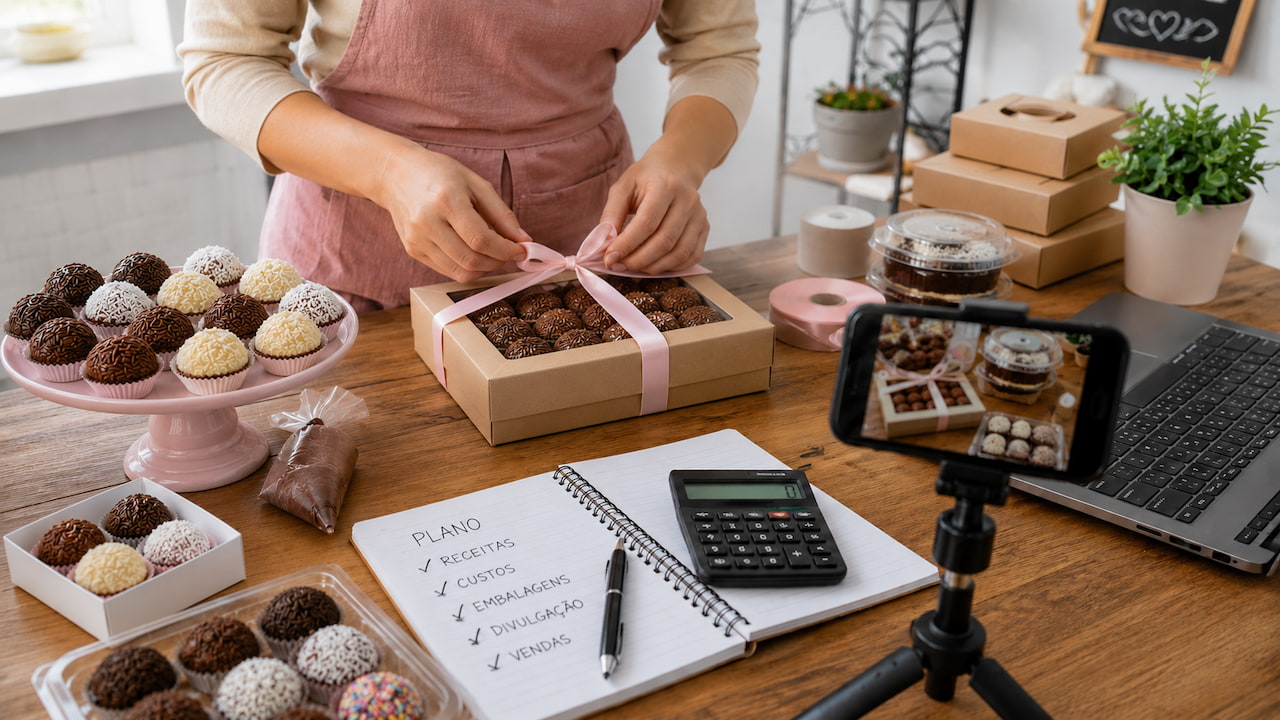 Confeiteira embala brigadeiros com plano para vender brigadeiros, calculadora, celular e notebook na bancada.