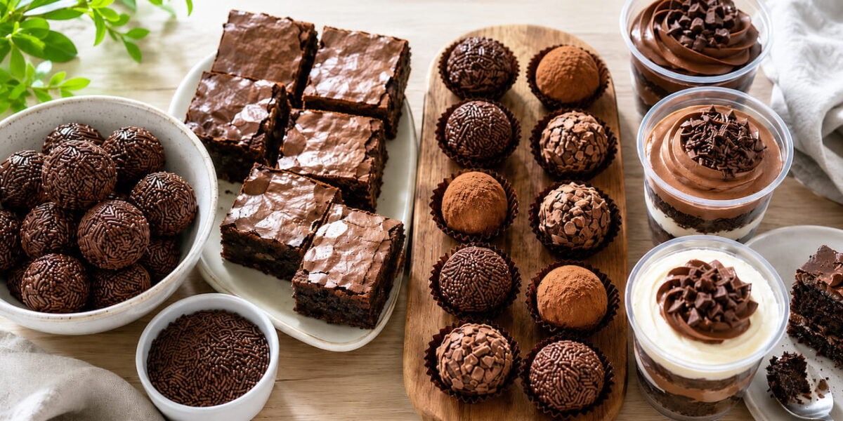 Doces para vender organizados em bancada clara, com brigadeiros, brownies, trufas e bolos no pote em luz matinal.