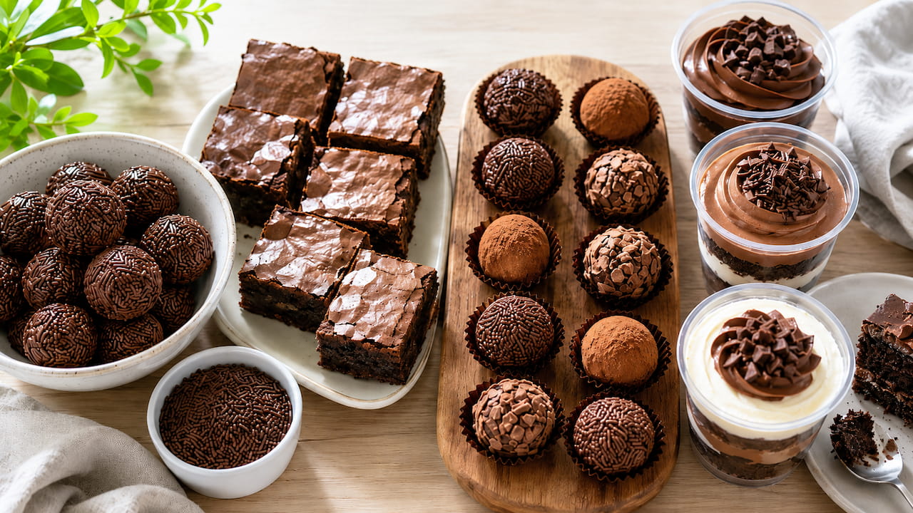Doces para vender organizados em bancada clara, com brigadeiros, brownies, trufas e bolos no pote em luz matinal.