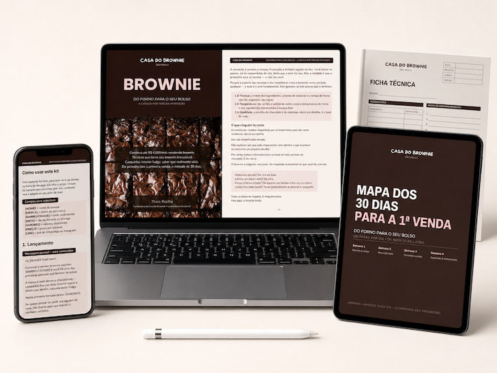 Livro Casa do Brownie e os 4 bônus: calculadora, ficha técnica, mapa de 30 dias e mensagens de venda