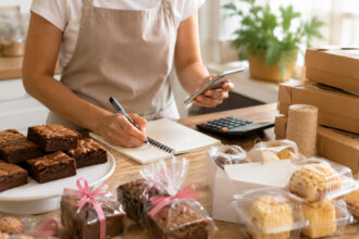 Pessoa organizando renda extra na cozinha com brownies, doces embalados, caixas de entrega e controle de pedidos.