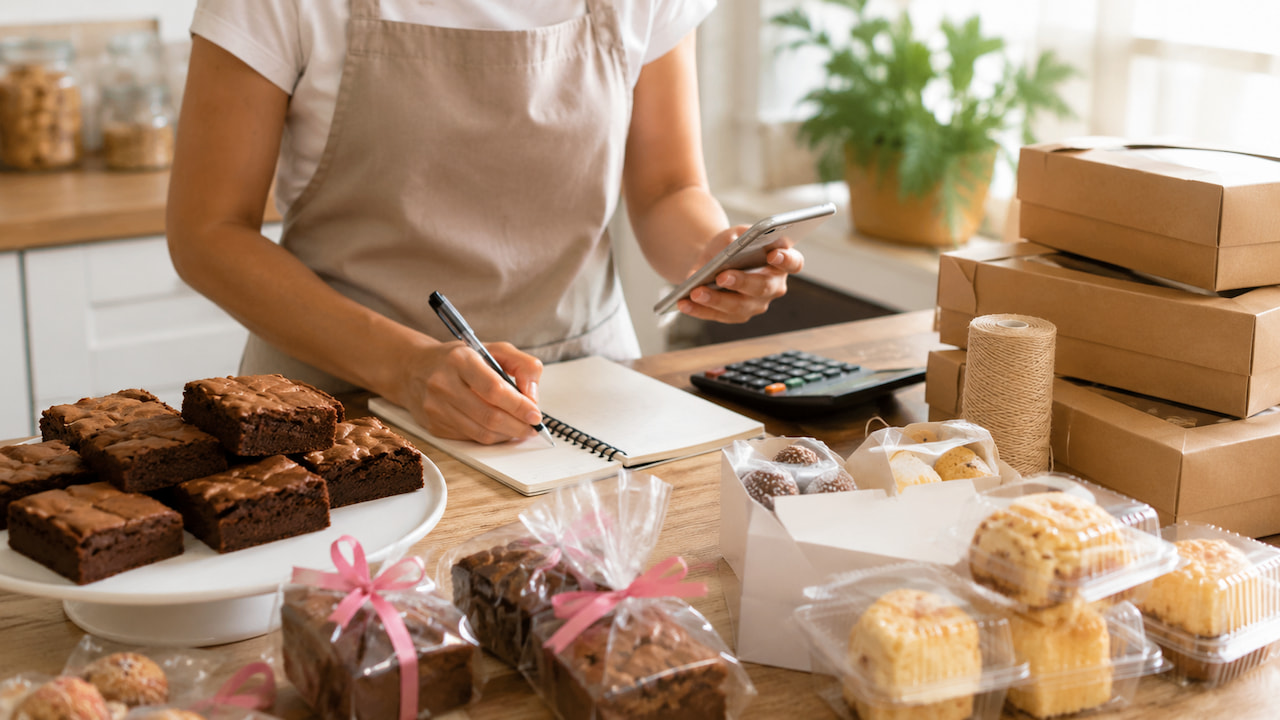 Pessoa organizando renda extra na cozinha com brownies, doces embalados, caixas de entrega e controle de pedidos.