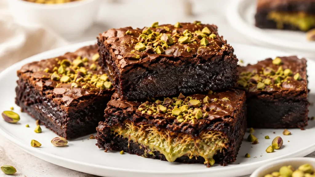 Brownies Dubai com recheio de pistache e kataifi crocante, finalizados com pistache picado