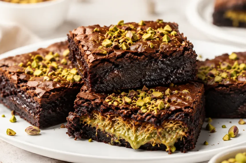 Brownies Dubai com recheio de pistache e kataifi crocante, finalizados com pistache picado