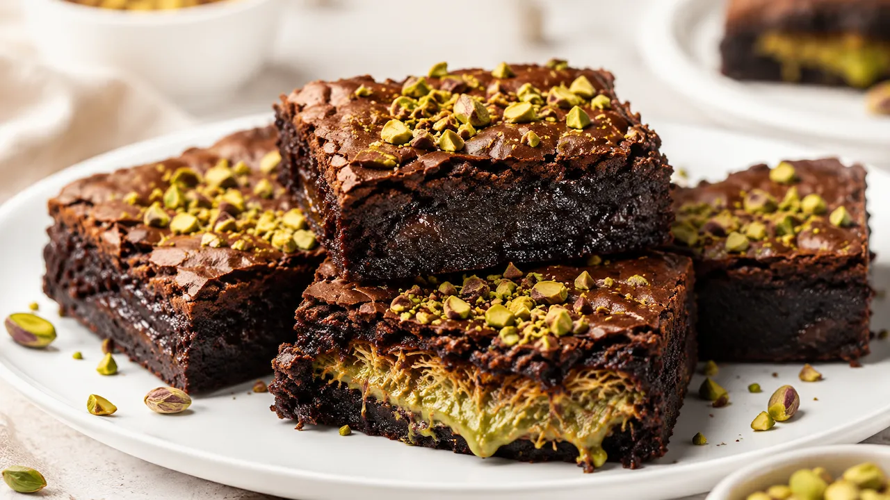 Brownies Dubai com recheio de pistache e kataifi crocante, finalizados com pistache picado