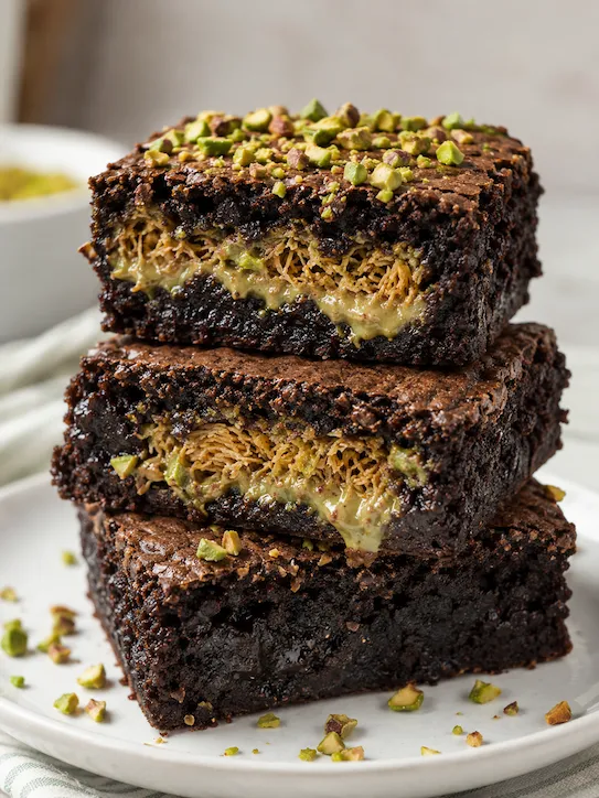 Brownies Dubai empilhados com camadas de creme de pistache e fios crocantes de kataifi