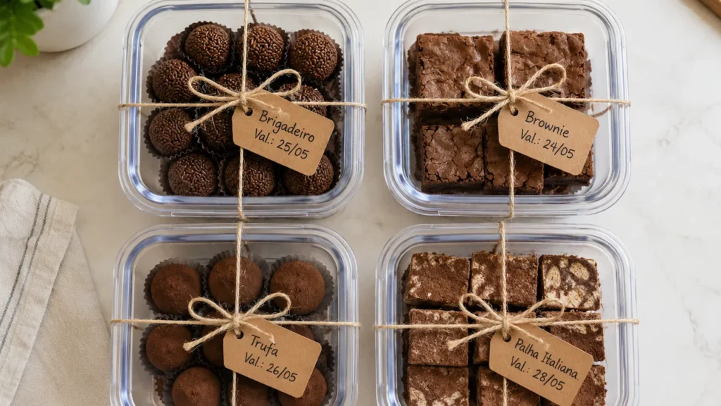Quatro potes herméticos transparentes com brigadeiros, brownies, trufas e palha italiana coberta com leite em pó, organizados sobre bancada clara com etiquetas de validade em papel kraft.