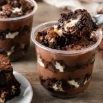 Três potes transparentes com bolo de pote para vender, camadas de brownie e brigadeiro, pote central aberto com colher.