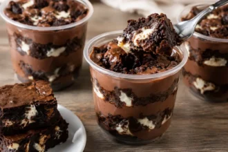 Três potes transparentes com bolo de pote para vender, camadas de brownie e brigadeiro, pote central aberto com colher.