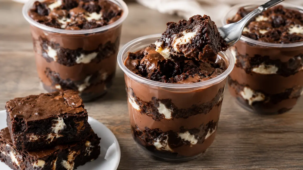 Três potes transparentes com bolo de pote para vender, camadas de brownie e brigadeiro, pote central aberto com colher.