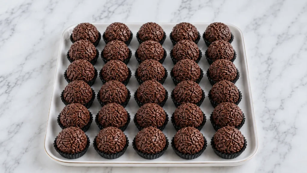 Brigadeiros de chocolate com granulado em forminhas pretas, alinhados sobre bandeja branca em bancada de mármore.