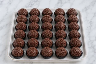 Brigadeiros de chocolate com granulado em forminhas pretas, alinhados sobre bandeja branca em bancada de mármore.