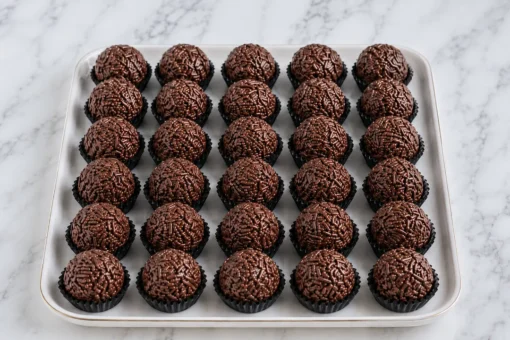Brigadeiros de chocolate com granulado em forminhas pretas, alinhados sobre bandeja branca em bancada de mármore.