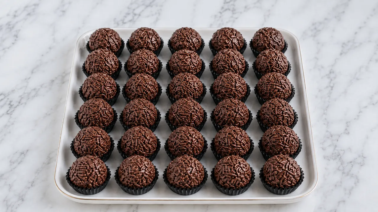 Brigadeiros de chocolate com granulado em forminhas pretas, alinhados sobre bandeja branca em bancada de mármore.