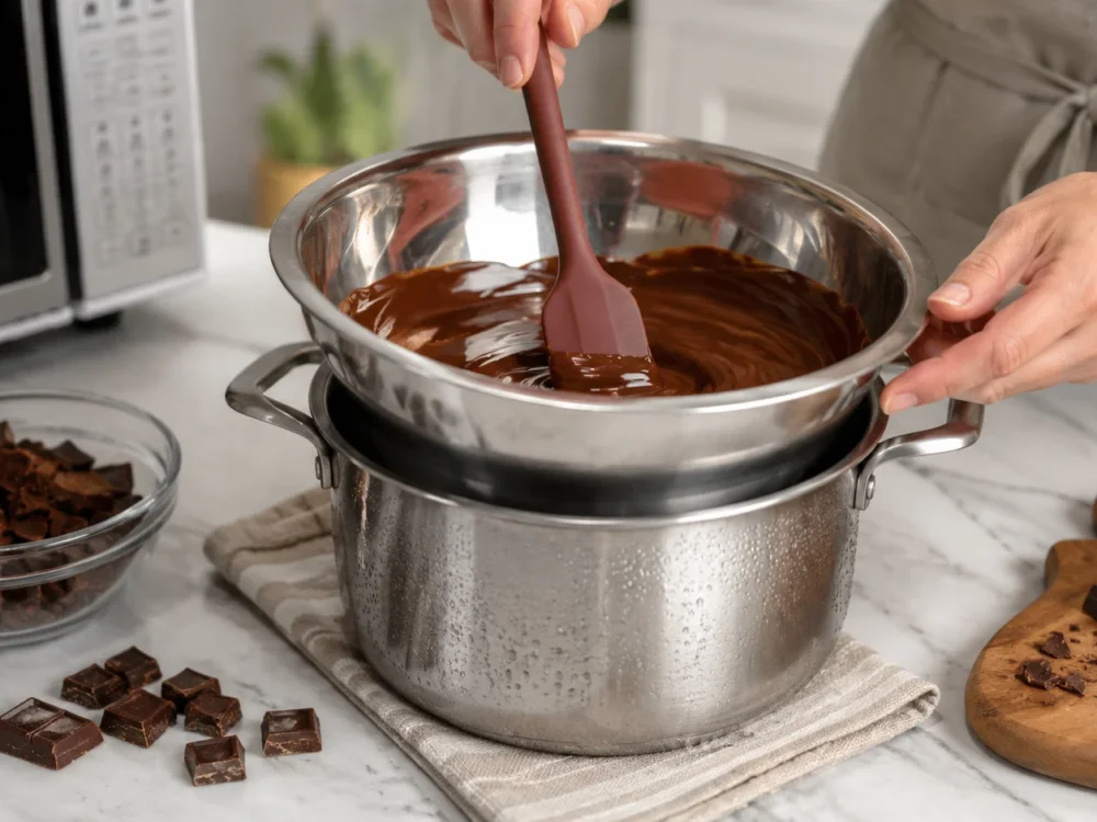 Chocolate sendo derretido em banho-maria, mostrando como derreter chocolate sem queimar ou perder o brilho.