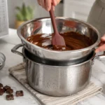 Chocolate sendo derretido em banho-maria, mostrando como derreter chocolate sem queimar ou perder o brilho.